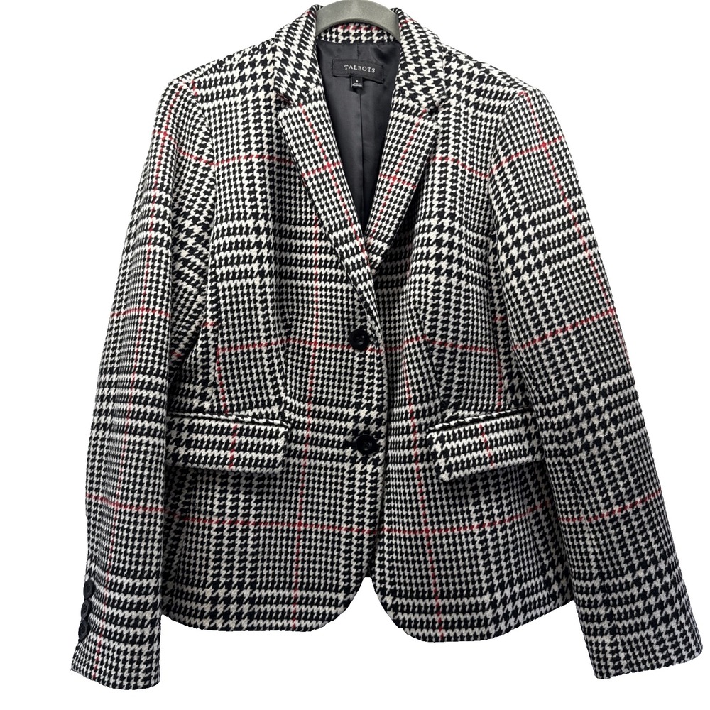 Talbots Women's Houndstooth Blazer Sz 8 Black Red White Lined Wool Blend Pockets